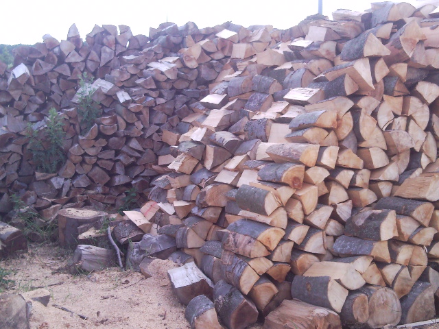 Dwa duże stosy pociętego drewna kominkowego, z widocznymi kawałkami kory i śladami piły, ułożone na ziemi z drobnymi trocinami.